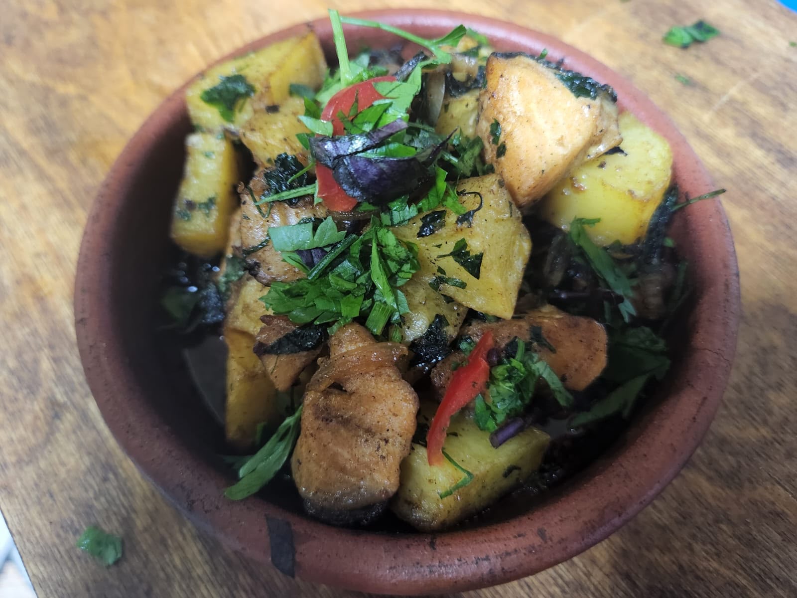 Odjaxuri with  Salmon - Georgian dish at Tbilisuri Ezo restaurant in Tbilisi }}