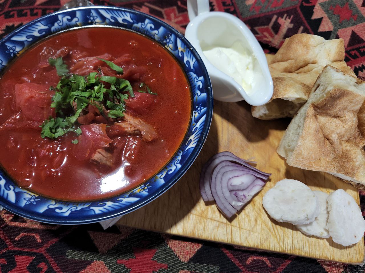 Borsch by Ukrainian - Georgian dish at Tbilisuri Ezo restaurant in Tbilisi }}