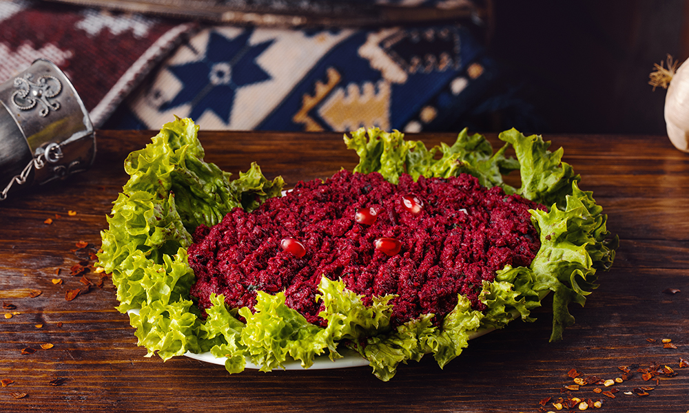 Beetroot Pkhali - Georgian dish at Tbilisuri Ezo restaurant in Tbilisi }}